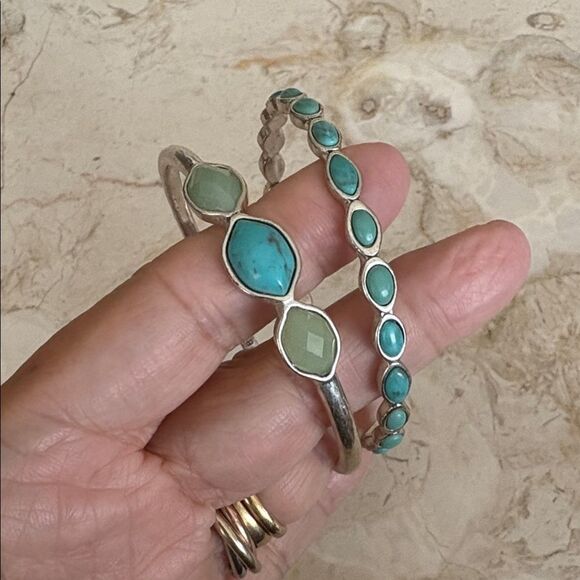 Lucky Brand Silver-tone & Turquoise Stones Boho Bangle Bracelet Set - Picture 5 of 10